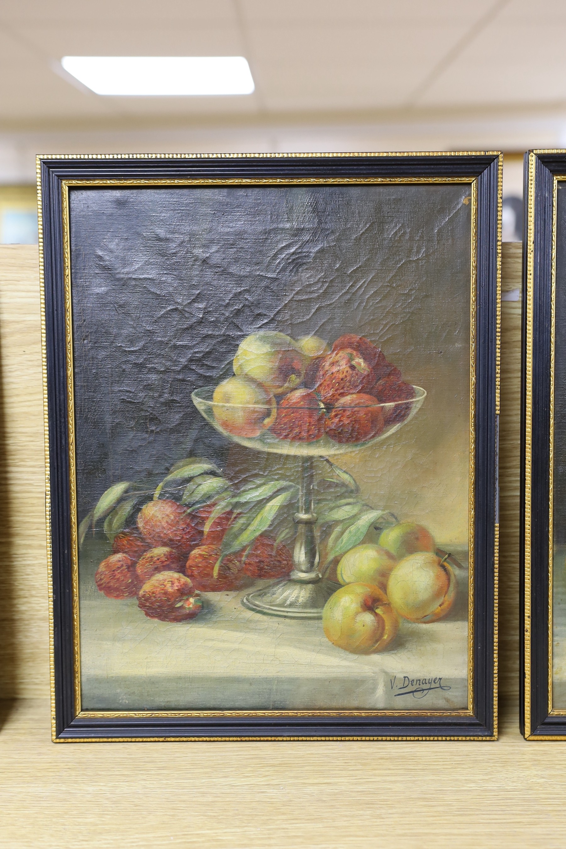 V. Denayer, pair of oils on canvas, Still lifes of fruit, signed, 36 x 27cm